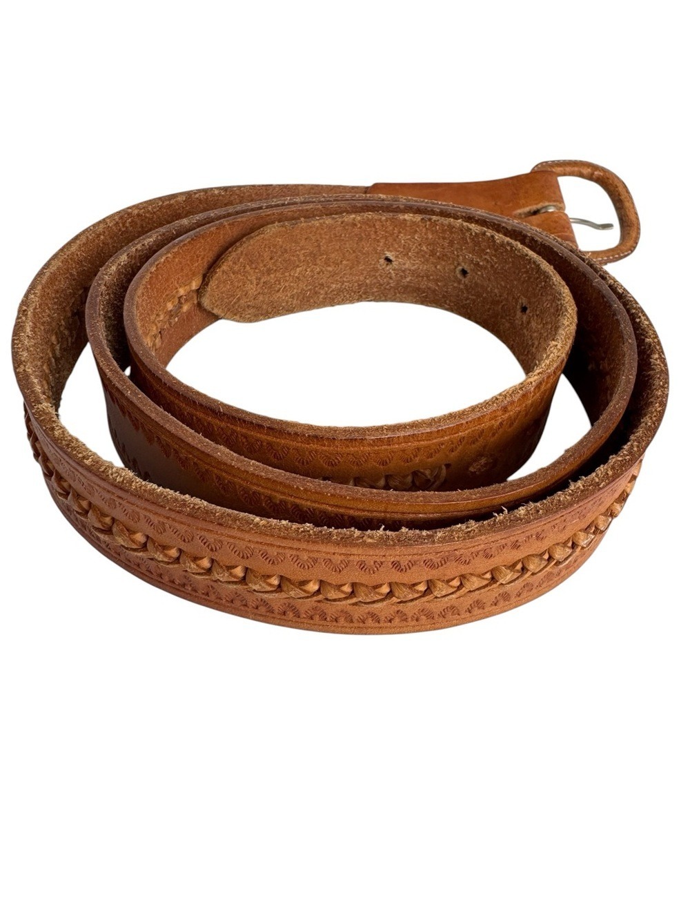 Vintage Tooled Braided Leather Belt 54 XXL Tan Western Boho Size Handcrafted